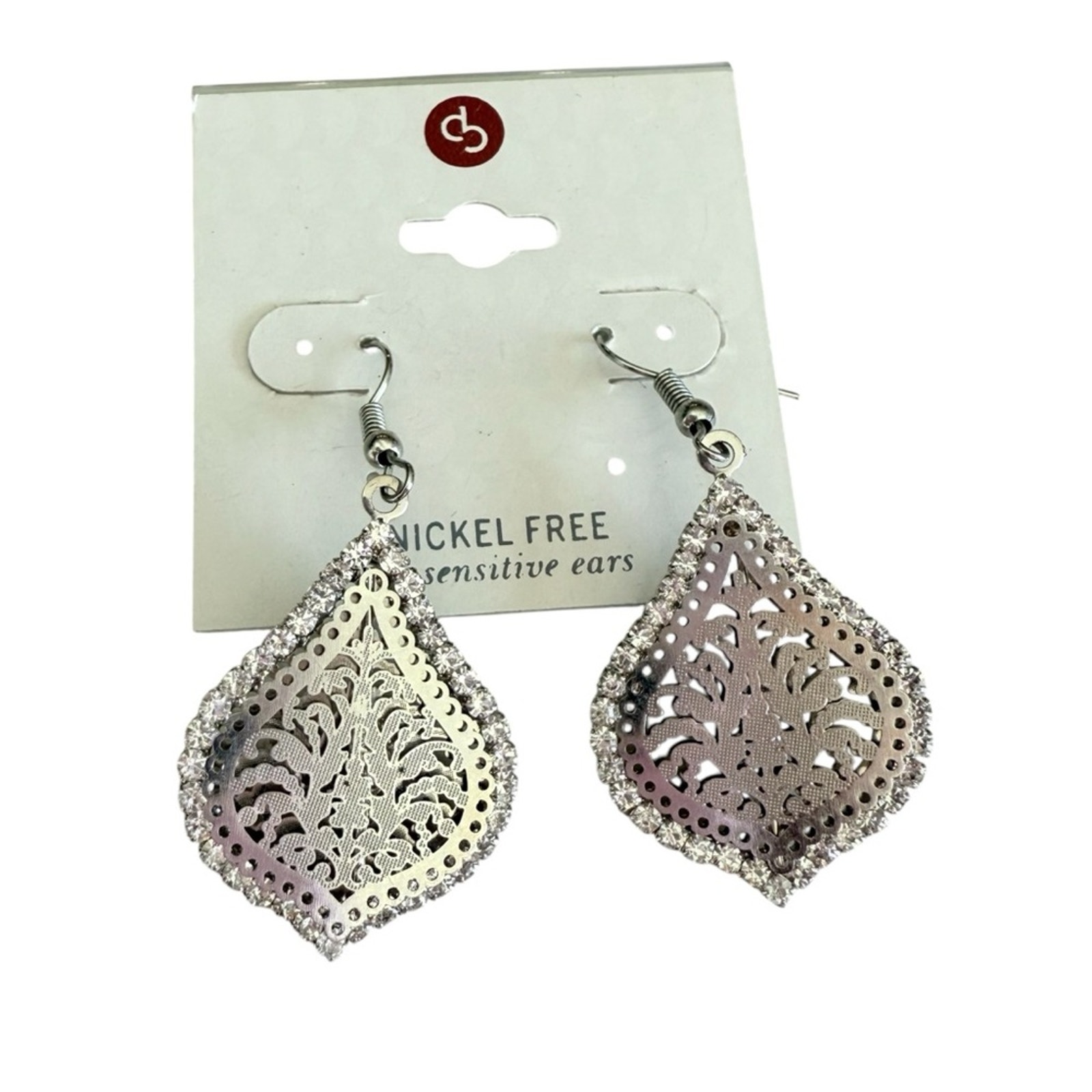 Dress Barn Silver Filigree Teardrop Earrings Rhinestones Nwt Formal Elegant 12$